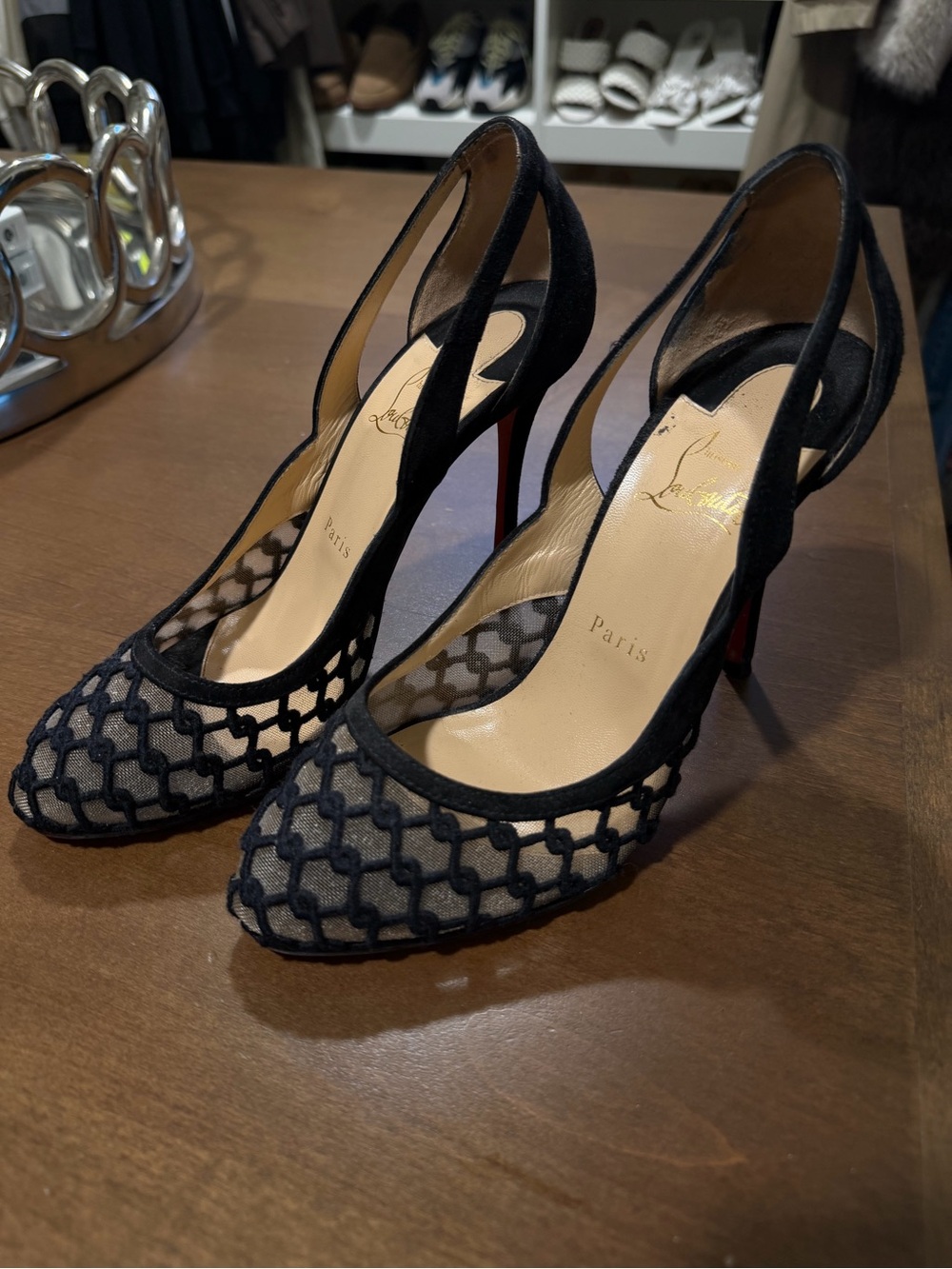 Christian Louboutin Black Mesh Cutout Slingback Heels